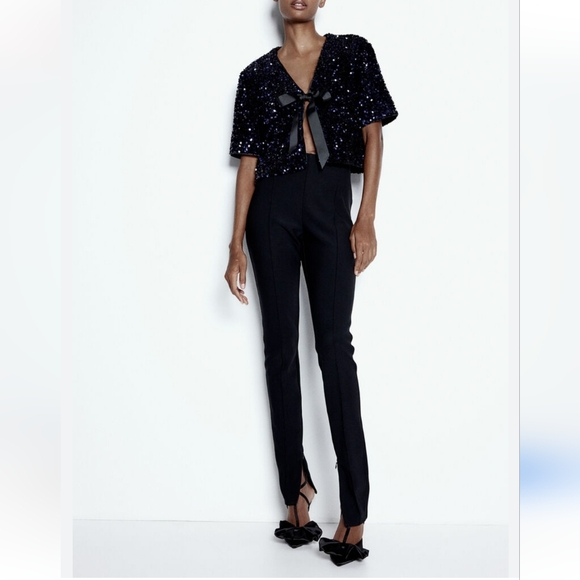 H&M Viral Black Sequin Ribbon Bow Cardigan Blouse Size S M L NWT - Picture 8 of 13